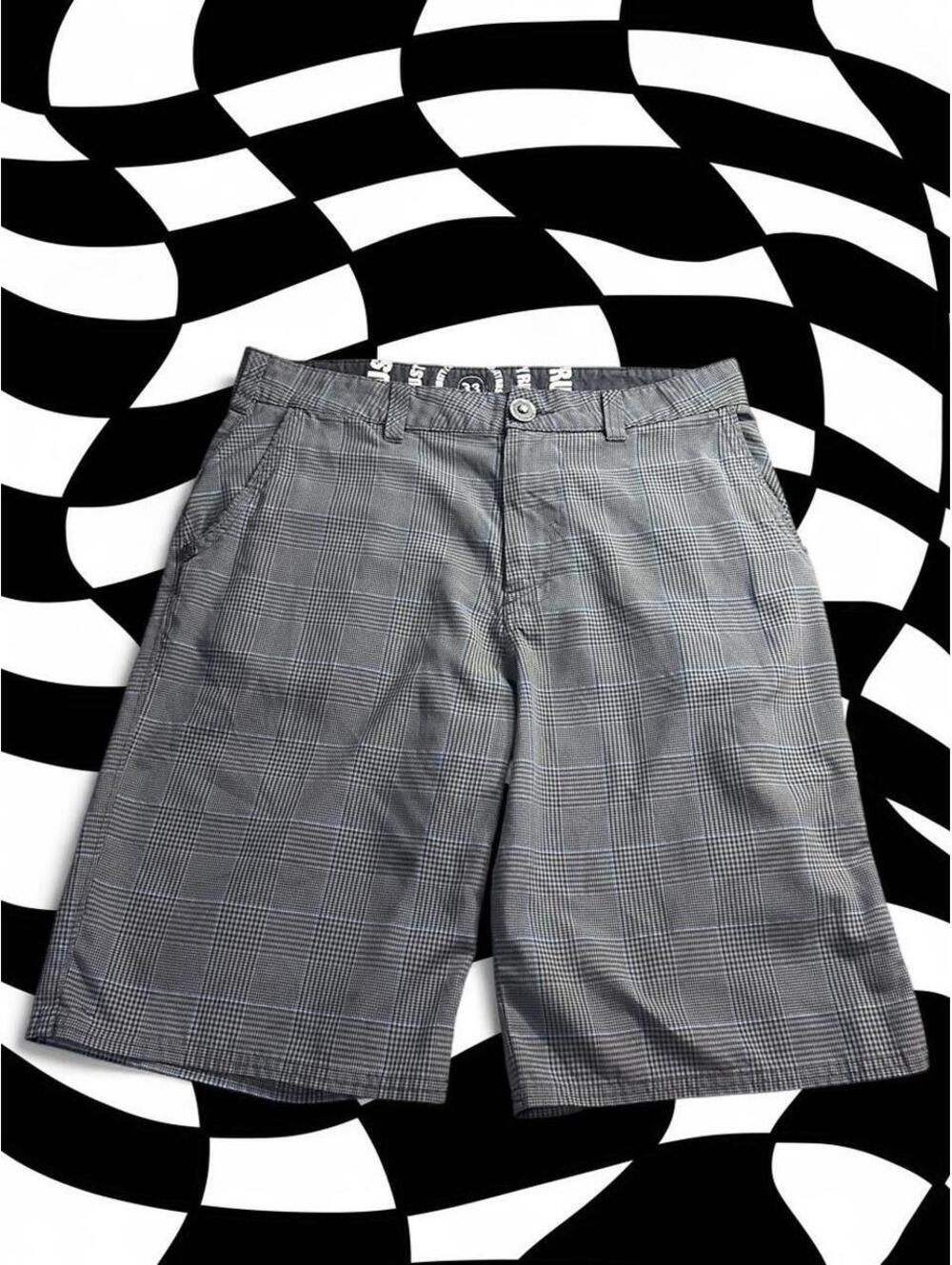 Rusty gray and white plaid swim shorts